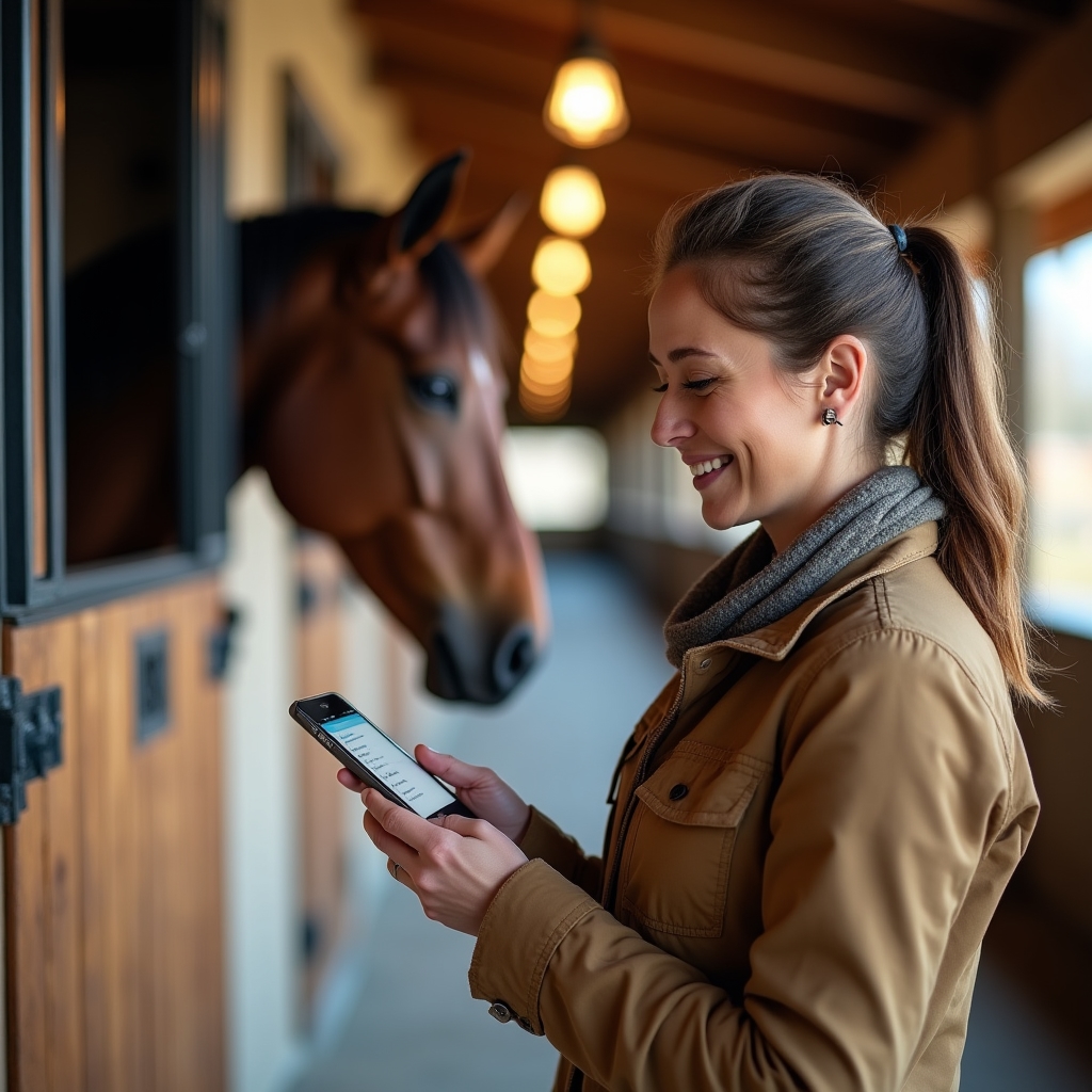 Pferdebesitzerin nutzt die Eltern-App auf ihrem Smartphone im Stall
