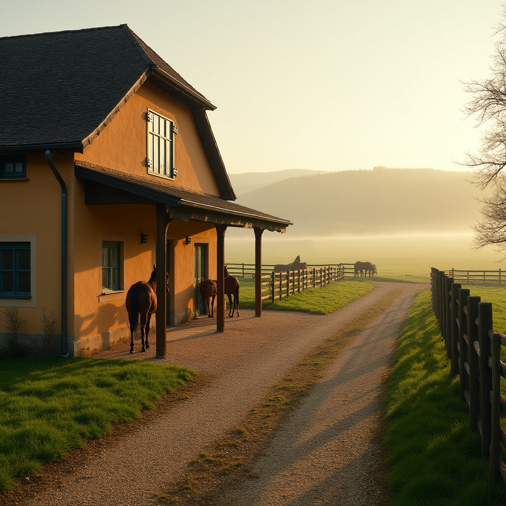 Reiterhof im Morgenlicht mit gepflegten Boxen und Reitplatz
