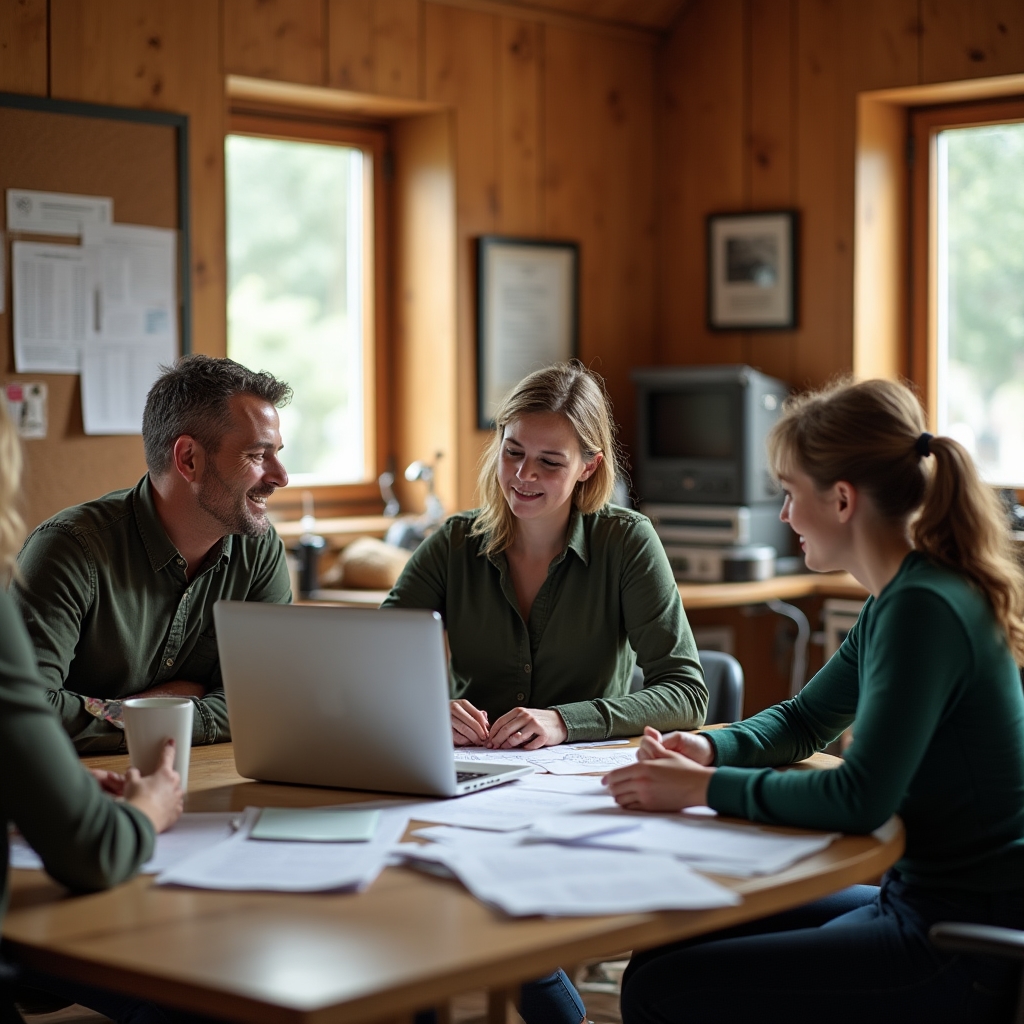 Team-Besprechung im Büro eines Reiterhofs mit digitalen Unterlagen